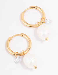 Waterproof Gold Plated Stainless Steel Classic Freshwater Pearl & Cubic Zirconia Huggie Earrings - link has visual effect only