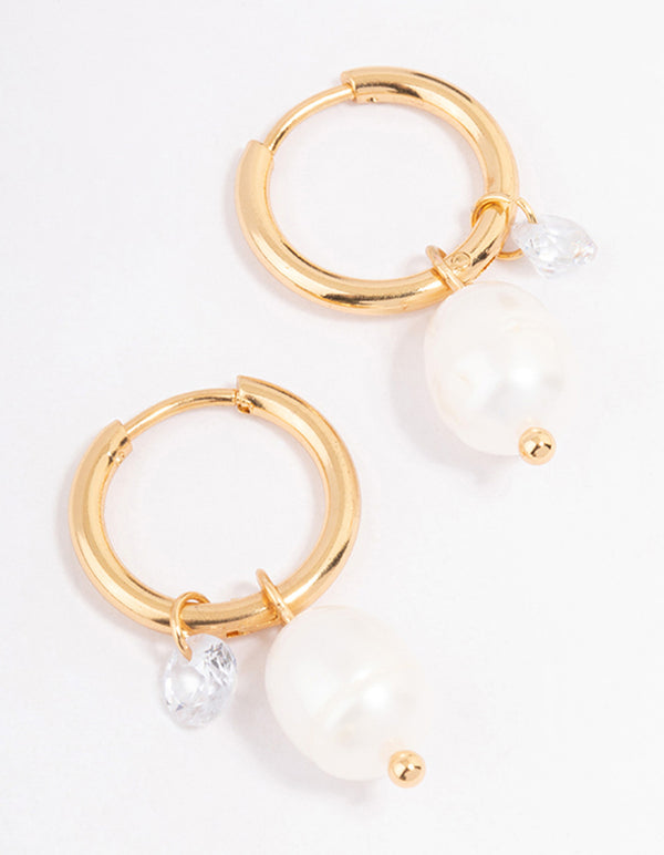 Waterproof Gold Plated Stainless Steel Classic Freshwater Pearl & Cubic Zirconia Huggie Earrings