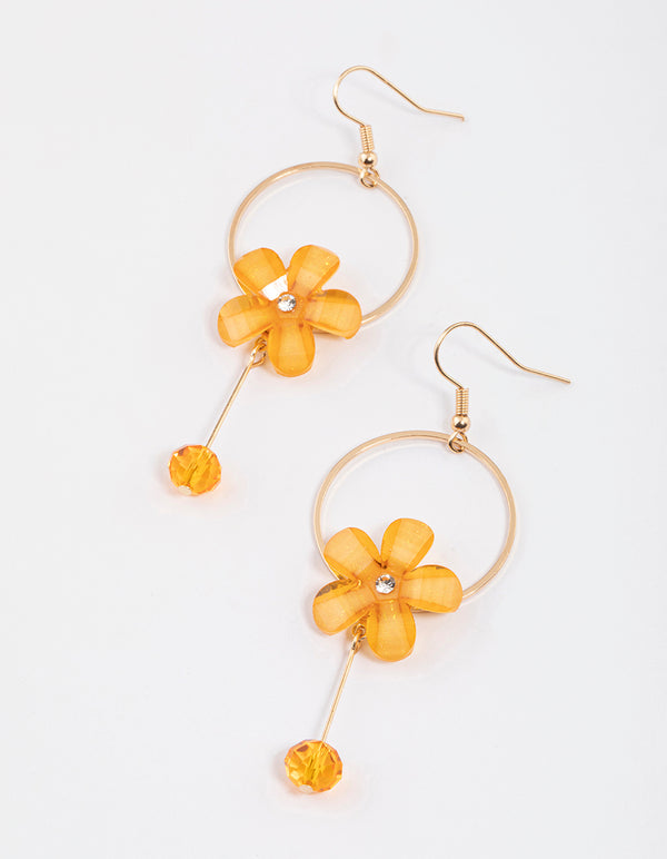 Orange Flower Circle Drop Earrings