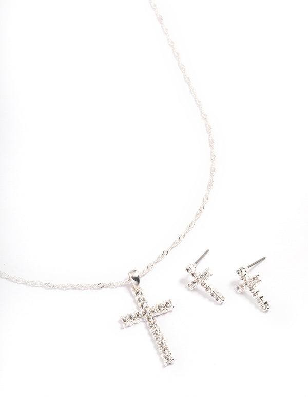 Silver Diamante Cross Jewellery Set