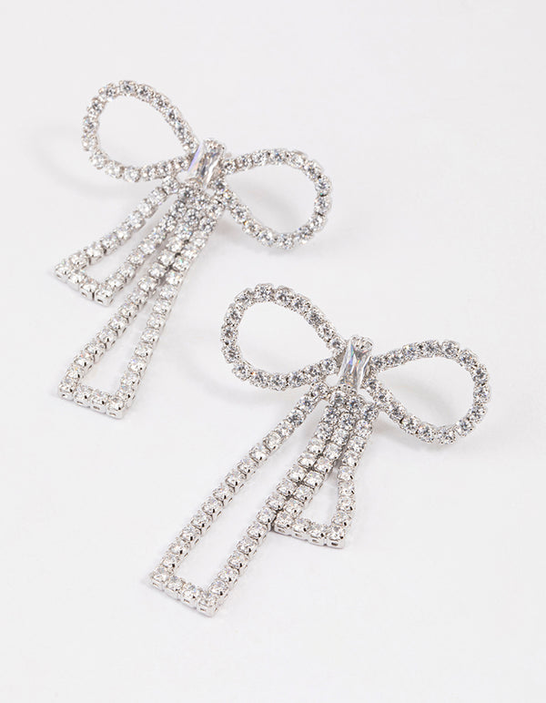 Rhodium Cubic Zirconia Statement Bow Drop Earrings