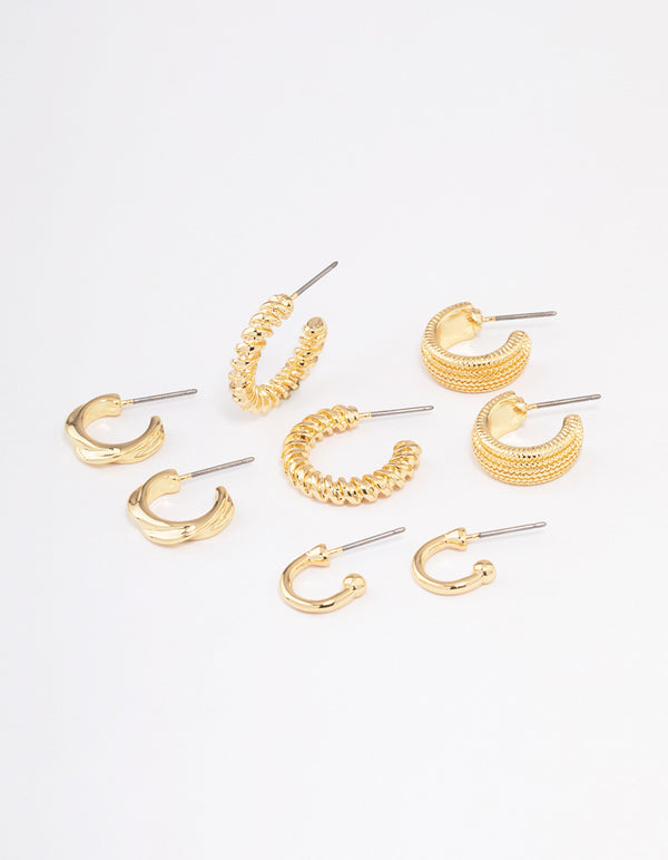 Gold Plated Textured Chunky Hoop Earrings 4-Pack