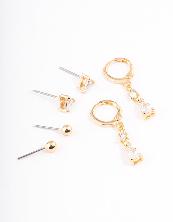 Gold Plated Cubic Zirconia Triangle & Drop Earrings Pack