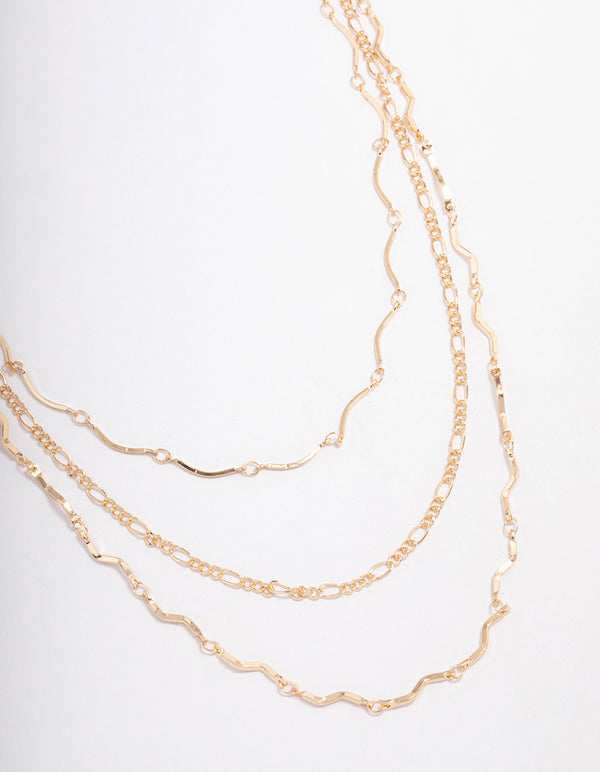 Gold Triple Layered Wave Chain Necklace