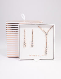 Rose Gold Cup Chain Diamante Y-Shape Necklace & Drop Earrings Jewellery Set - link has visual effect only