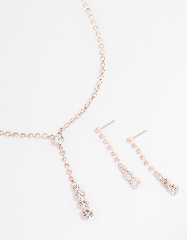 Rose Gold Cup Chain Diamante Y-Shape Necklace & Drop Earrings Jewellery Set