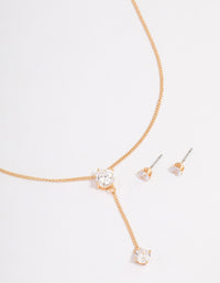 Gold Diamante Y-Shape Necklace & Stud Earrings Jewellery Set - link has visual effect only