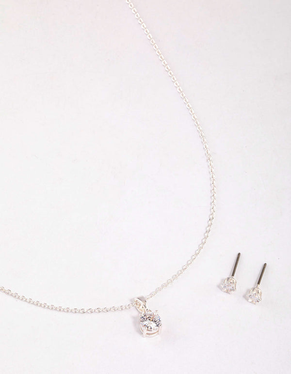 Silver Round Solitaire Necklace & Earring Set