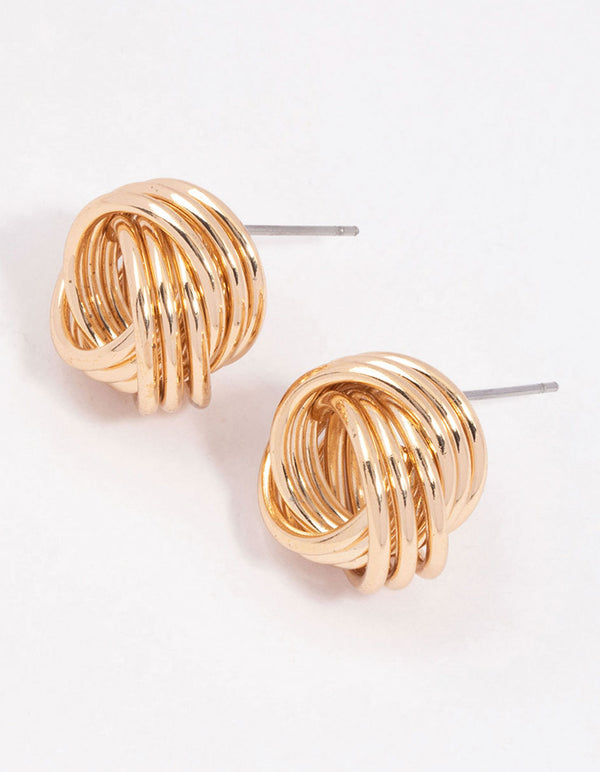 Gold Triple Strand Knotted Stud Earrings