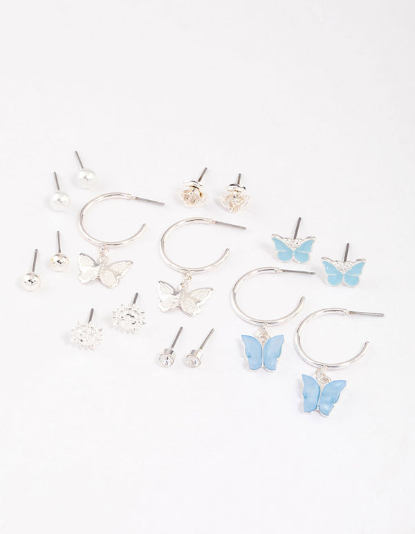 Silver Mixed Butterfly Garden Earrings 8-Pack