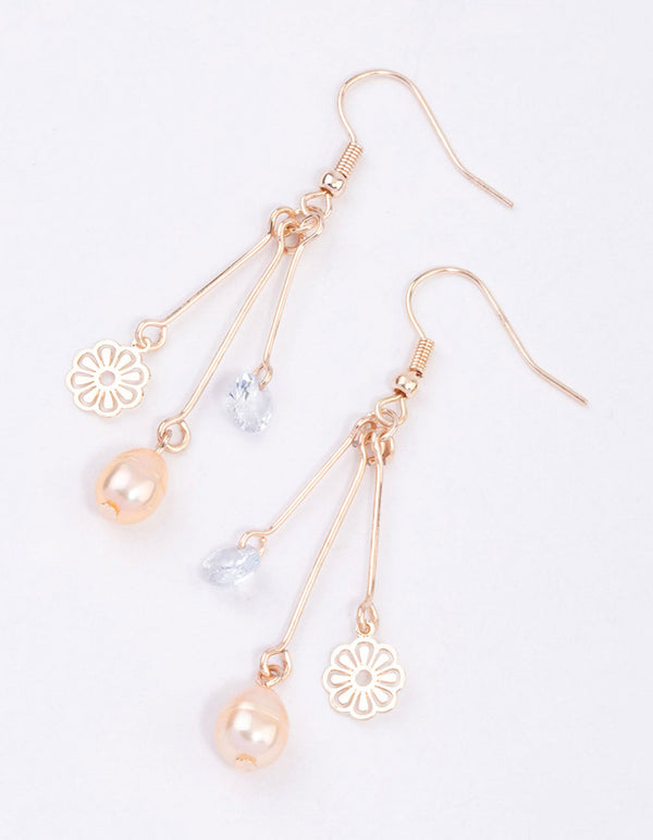 Rose Gold Stack Freshwater Pearl & Flower Drop Earrings