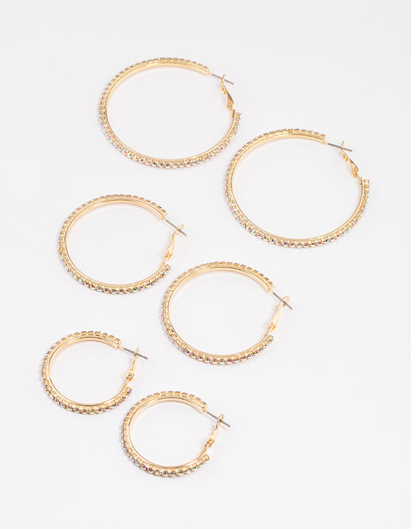 Gold Mixed Size Diamante Hoop Earrings