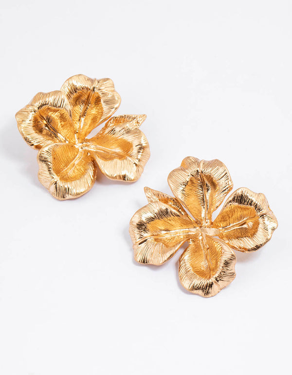 Worn Gold Statement Flower Stud Earrings