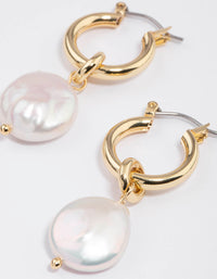 Gold Plated Classic Freshwater Pearl Disc Hoop Earrings - link has visual effect only