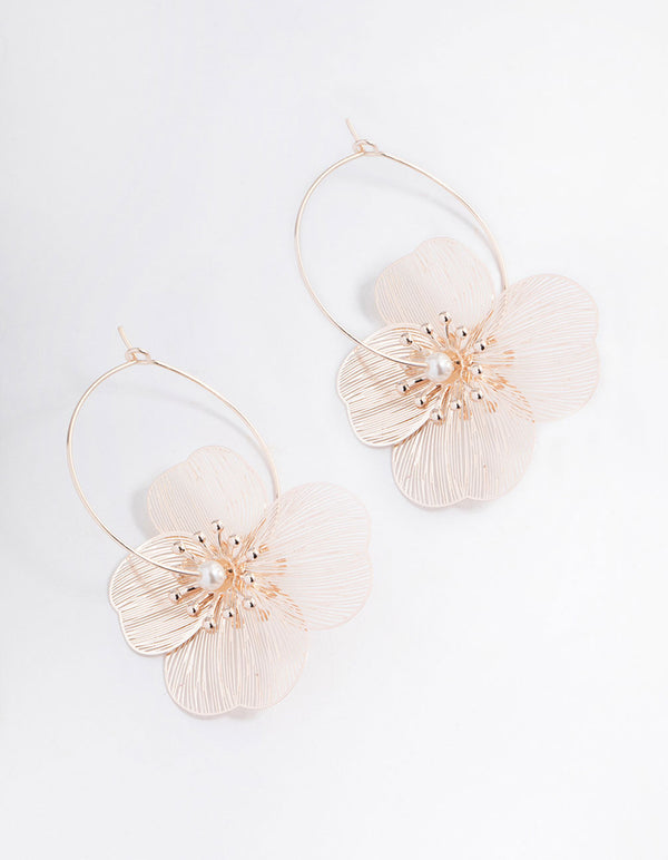 Rose Gold Metalic Flower Hoop Earrings