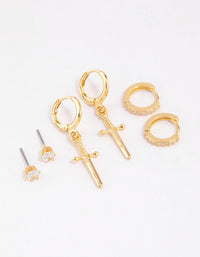 Gold Plated Brass Cubic Zirconia Dagger Huggie Earrings Pack - link has visual effect only