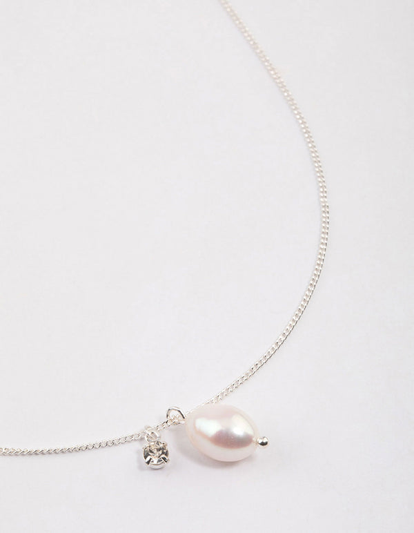 Silver Freshwater Pearl Diamante Drop Necklace & Polishing Set