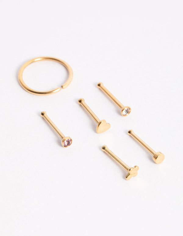 Gold Plated Surgical Steel Heart & Cross Nose Stud 6-Pack