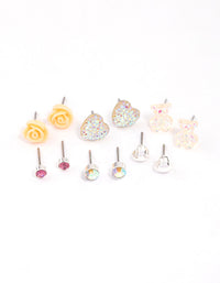 Kids Diamante Rose & Heart Stud Earrings 6-Pack - link has visual effect only