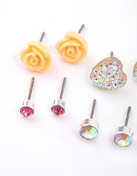 Kids Diamante Rose & Heart Stud Earrings 6-Pack - link has visual effect only