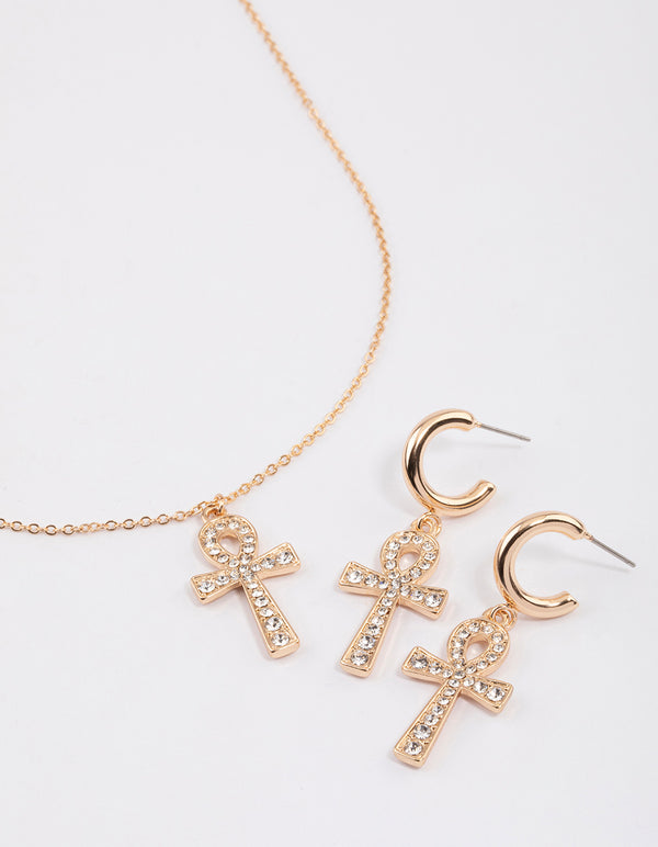 Gold Cross Necklace & Earrings Jewellery Set