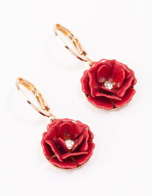 Red Acrylic Rose Huggie Earrings