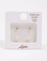 Gold Plated Sterling Silver Pearl & Cubic Zirconia Stud Earring Pack - link has visual effect only