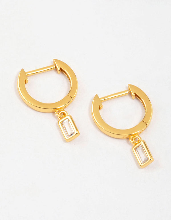 Gold Plated Sterling Silver Cubic Zirconia Baguette Drop Earrings