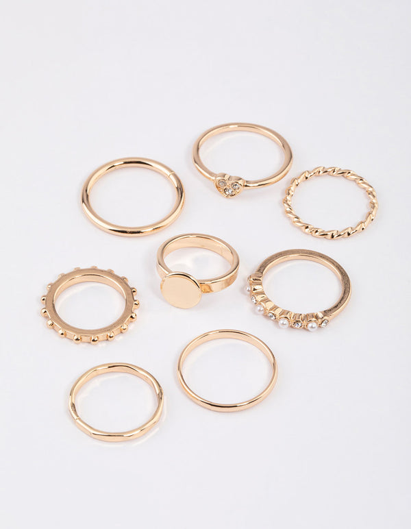 Gold Disc & Diamante Heart Ring 8-Pack