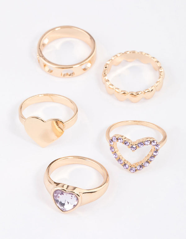 Gold Mixed Heart Stone Ring 5-Pack