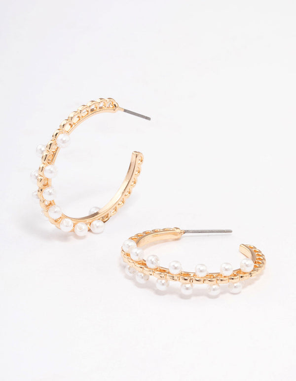 Gold Thin Pearl Ball Hoop Earrings