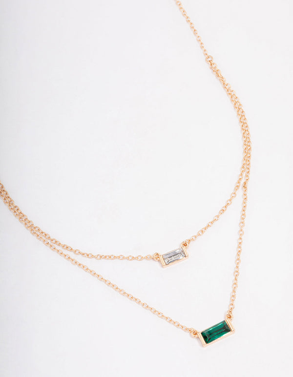 Gold Baguette Stone Double Short Necklace