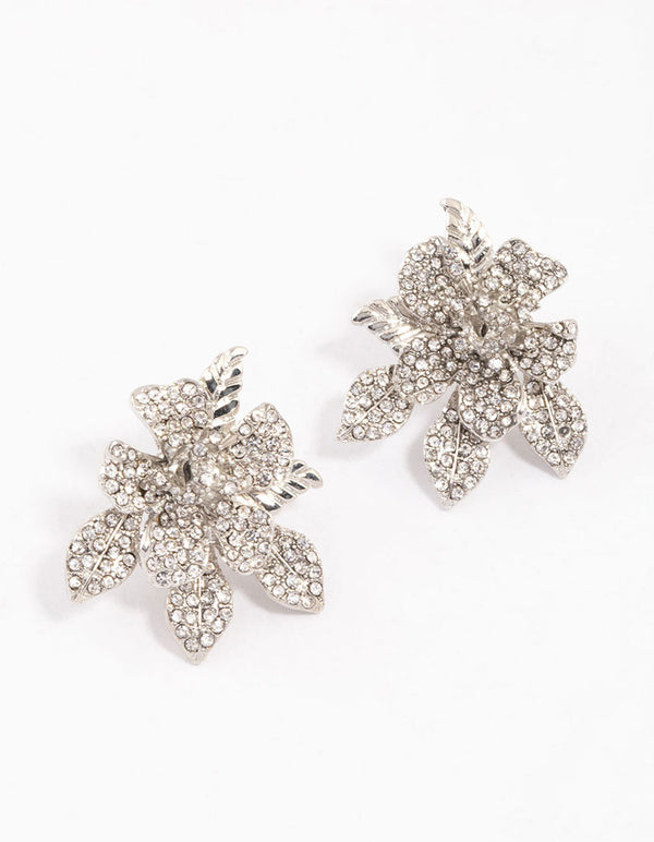 Silver Pave Flower Stud Earrings