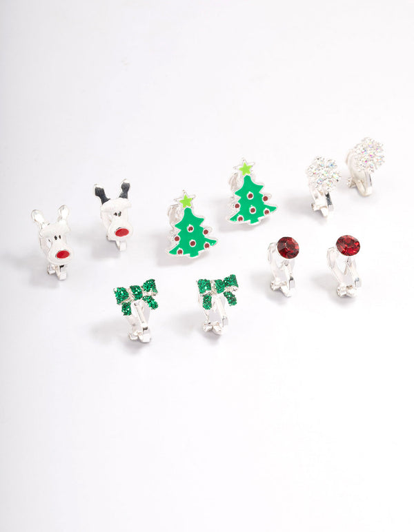 Kids Christmas Glitter Bow Clip On Earrings 5-Pack