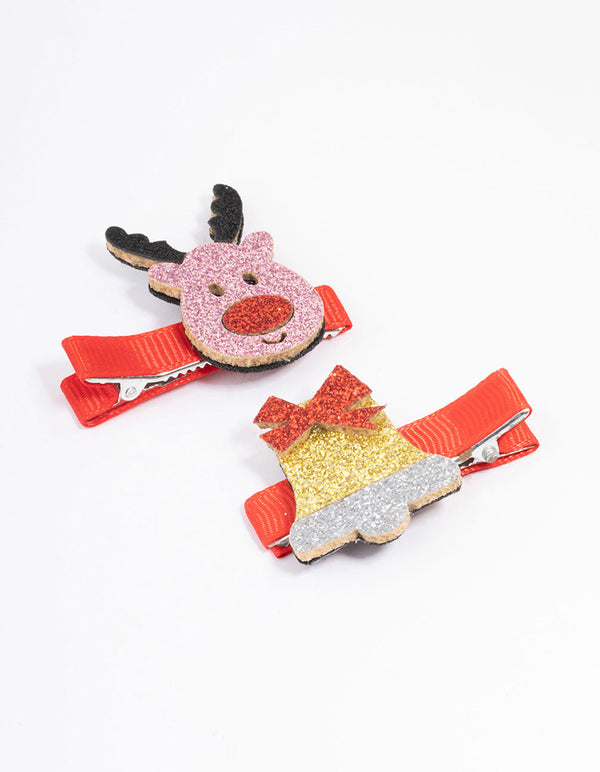 Kids Fabric Christmas Reindeer & Ball Hair Clips