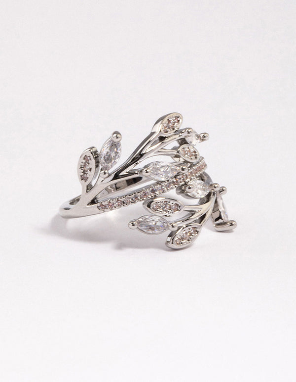 Rhodium Leafy Vine Cubic Zirconia Ring