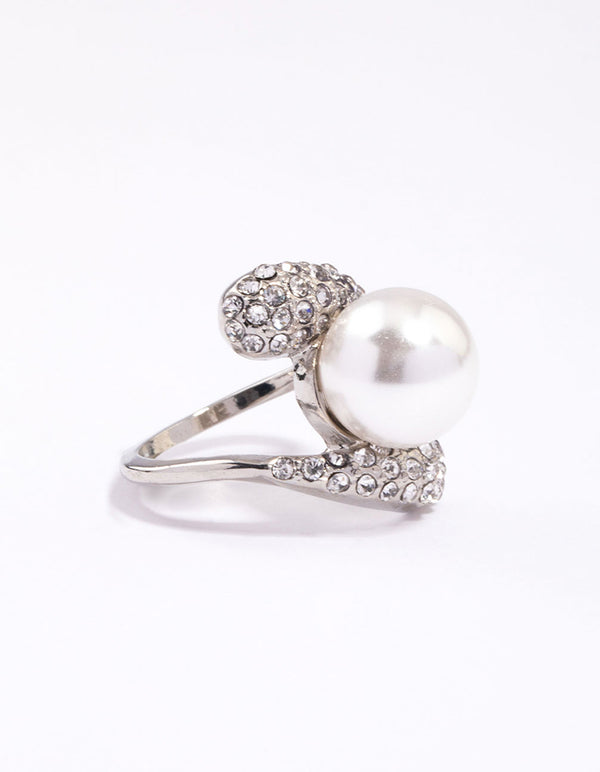 Rhodium Paved Statement Pearl Ring