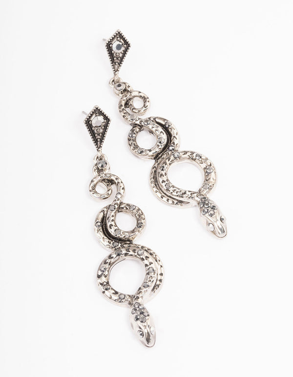 Antique Silver Snake Stone Drop Earrings