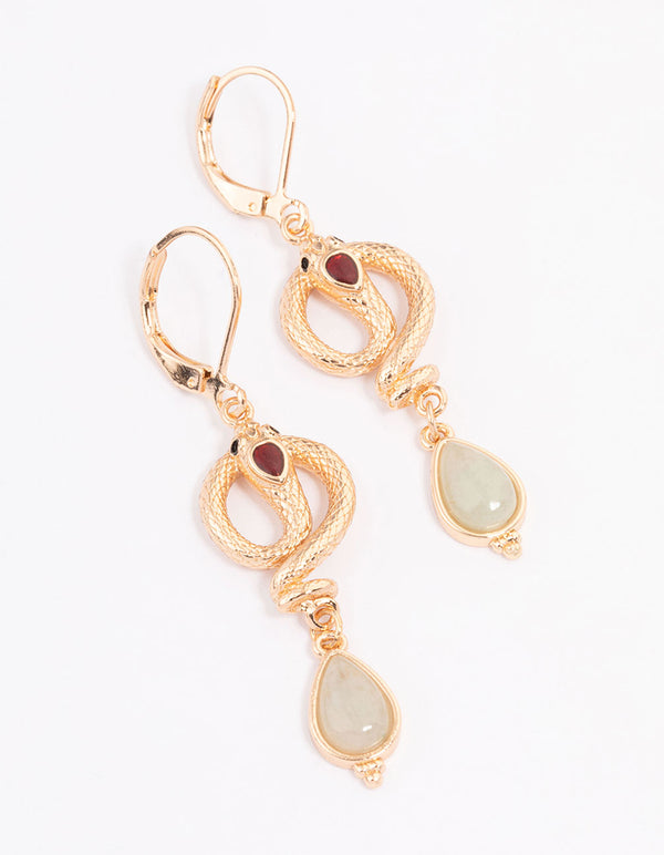 Gold & Green Snake Teardrop Pendant Earrings