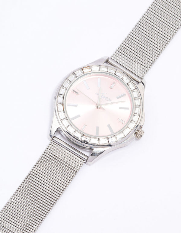 Silver Baguette Bezel Mesh Watch