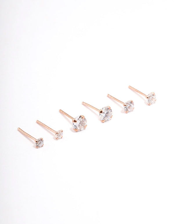 Rose Gold Plated Sterling Silver Graduating Cubic Zirconia Earring 3-Pack