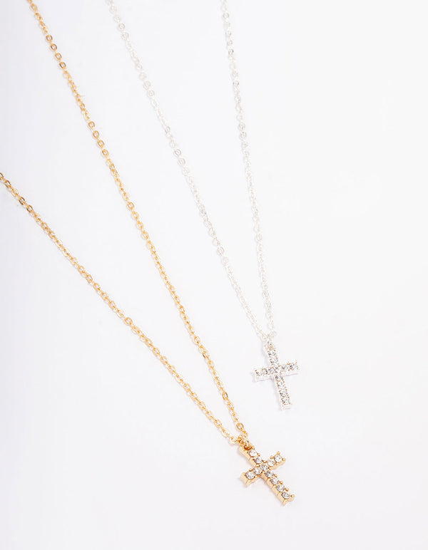 Mixed Metal Diamante Cross Necklace Pack