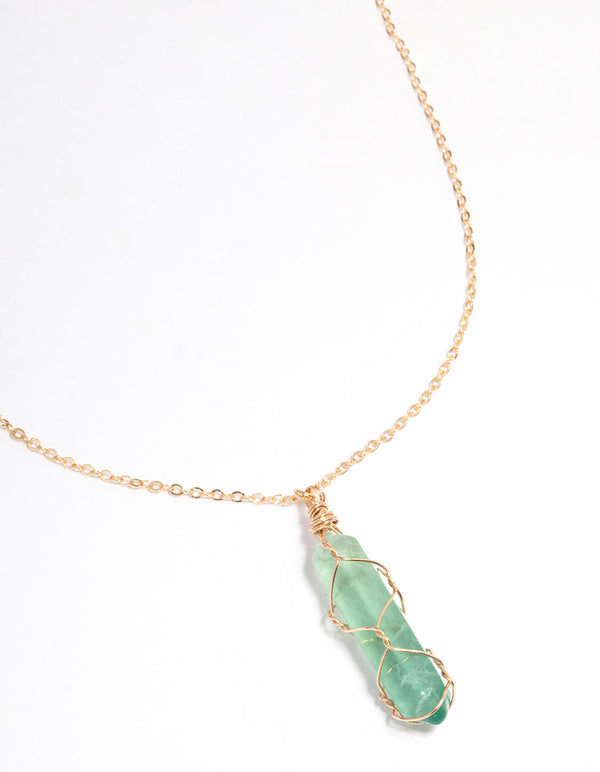 Gold Green Fluorite Wire Pendant Necklace