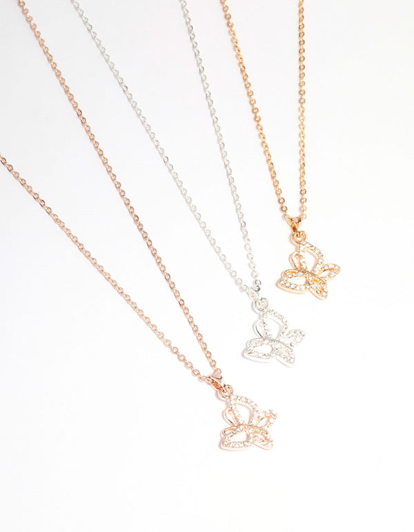 Mixed Metal Diamante Butterfly Necklace 3-Pack