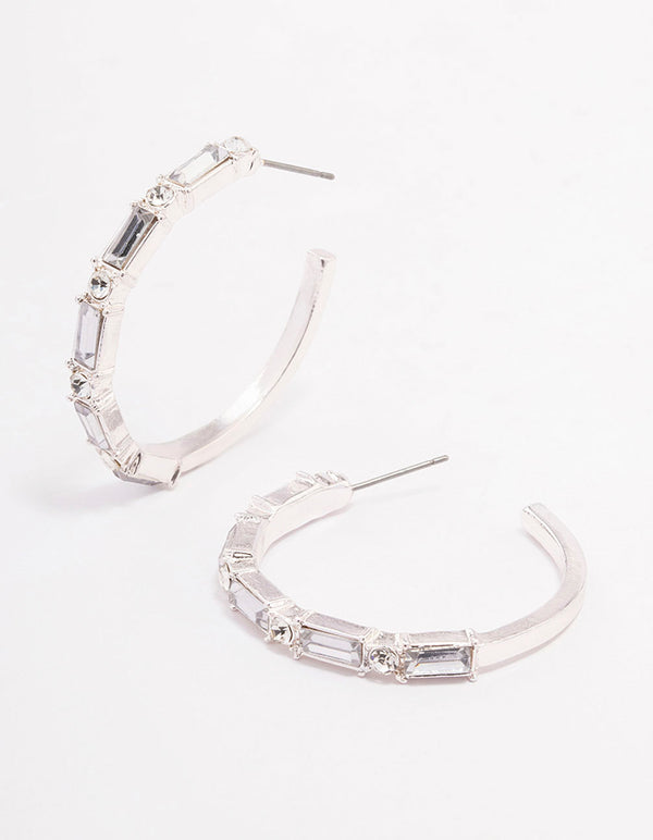 Silver Baguette Medium Hoop Earrings