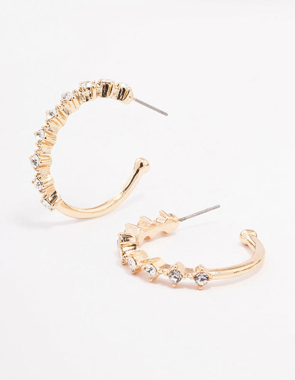 Gold Encased Round Diamante Hoop Earrings