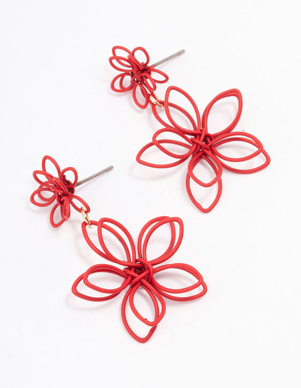 Red Wire Flower Drop Earrings