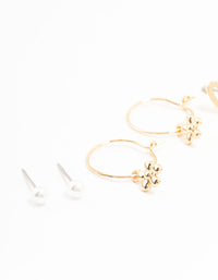 Gold Pearl Heart Flower Earrings 3-Pack - link has visual effect only