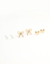 Gold Pearl Heart Bow Earrings 3-Pack - link has visual effect only