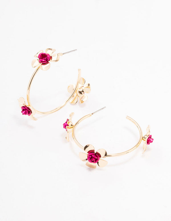 Gold Multi Petal Flower Hoop Earrings